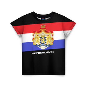 Детская футболка 3D с принтом Флаг и герб Нидерланды в Екатеринбурге, 100% гипоаллергенный полиэфир | прямой крой, круглый вырез горловины, длина до линии бедер, чуть спущенное плечо, ткань немного тянется | амстердам | голландия | европа