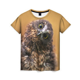 Женская футболка 3D с принтом Совёнок в Екатеринбурге, 100% полиэфир ( синтетическое хлопкоподобное полотно) | прямой крой, круглый вырез горловины, длина до линии бедер | взгляд | глаза | клюв | пернатые | перья | прикол | птица | сова | юмор