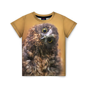 Детская футболка 3D с принтом Совёнок в Екатеринбурге, 100% гипоаллергенный полиэфир | прямой крой, круглый вырез горловины, длина до линии бедер, чуть спущенное плечо, ткань немного тянется | взгляд | глаза | клюв | пернатые | перья | прикол | птица | сова | юмор