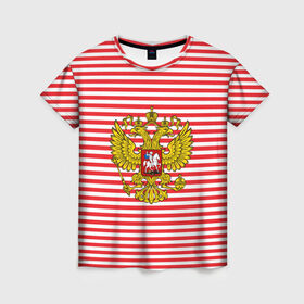 Женская футболка 3D с принтом Тельняшка ВВ и герб РФ в Екатеринбурге, 100% полиэфир ( синтетическое хлопкоподобное полотно) | прямой крой, круглый вырез горловины, длина до линии бедер | красный | полосатый