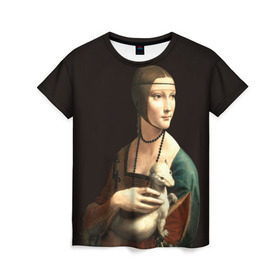 Женская футболка 3D с принтом Дама с горностаем в Екатеринбурге, 100% полиэфир ( синтетическое хлопкоподобное полотно) | прямой крой, круглый вырез горловины, длина до линии бедер | возрождение | горностаем | горностай | да винчи | дама | искусство | ласка | леонардо | о.м.с.к. | портрет