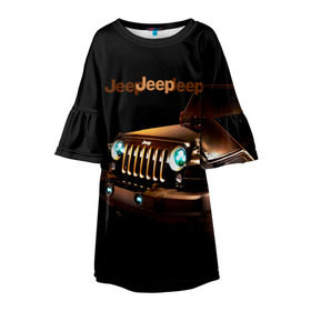 Детское платье 3D с принтом Jeep в Екатеринбурге, 100% полиэстер | прямой силуэт, чуть расширенный к низу. Круглая горловина, на рукавах — воланы | brand | car | chrysler | jeep | logo | usa | автомобиль | джип | крайслер | логотип | марка | сша