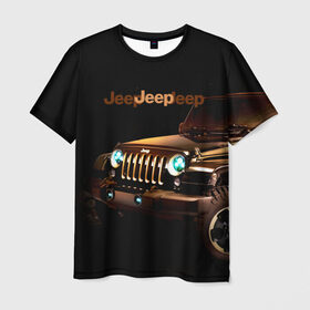 Мужская футболка 3D с принтом Jeep в Екатеринбурге, 100% полиэфир | прямой крой, круглый вырез горловины, длина до линии бедер | Тематика изображения на принте: brand | car | chrysler | jeep | logo | usa | автомобиль | джип | крайслер | логотип | марка | сша