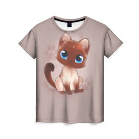 Женская футболка 3D с принтом Киска в Екатеринбурге, 100% полиэфир ( синтетическое хлопкоподобное полотно) | прямой крой, круглый вырез горловины, длина до линии бедер | взгляд | глаза | киска | кот | котёнок | кошка | лапа | след | хвост