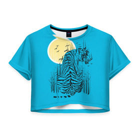 Женская футболка 3D укороченная с принтом тигр в Екатеринбурге, 100% полиэстер | круглая горловина, длина футболки до линии талии, рукава с отворотами | арт | бамбук | восток | графика | живопись | китай | луна | небо | ночь | полосы | птицы | рисунок | творчество | хищник | япония