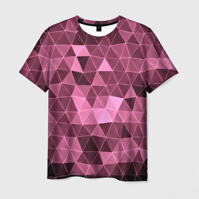 Мужская футболка 3D с принтом Розовые треугольники в Екатеринбурге, 100% полиэфир | прямой крой, круглый вырез горловины, длина до линии бедер | abstract | gray | lowpoly | polygon | triangle | абстракция | геометрия | полигоны | треугольники