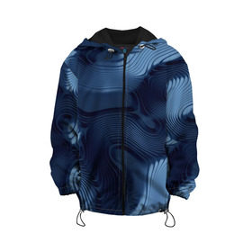 Детская куртка 3D с принтом Lullaby blue в Екатеринбурге, 100% полиэстер | застежка — молния, подол и капюшон оформлены резинкой с фиксаторами, по бокам — два кармана без застежек, один потайной карман на груди, плотность верхнего слоя — 90 г/м2; плотность флисового подклада — 260 г/м2 | Тематика изображения на принте: волны | синий | темный