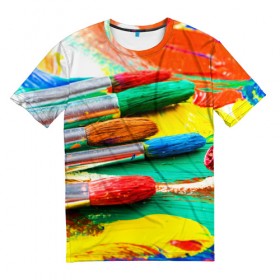 Мужская футболка 3D с принтом Кисти и краски в Екатеринбурге, 100% полиэфир | прямой крой, круглый вырез горловины, длина до линии бедер | 