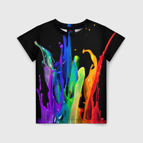 Детская футболка 3D с принтом Краски в Екатеринбурге, 100% гипоаллергенный полиэфир | прямой крой, круглый вырез горловины, длина до линии бедер, чуть спущенное плечо, ткань немного тянется | background | black | bright | paint | rainbow | spectrum | splash | spray | брызги | всплеск | краски | радуга | спектр | фон | черный | яркие