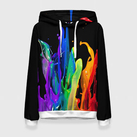 Женская толстовка 3D с принтом Краски в Екатеринбурге, 100% полиэстер  | двухслойный капюшон со шнурком для регулировки, мягкие манжеты на рукавах и по низу толстовки, спереди карман-кенгуру с мягким внутренним слоем. | background | black | bright | paint | rainbow | spectrum | splash | spray | брызги | всплеск | краски | радуга | спектр | фон | черный | яркие