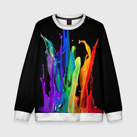 Детский свитшот 3D с принтом Краски в Екатеринбурге, 100% полиэстер | свободная посадка, прямой крой, мягкая тканевая резинка на рукавах и понизу свитшота | background | black | bright | paint | rainbow | spectrum | splash | spray | брызги | всплеск | краски | радуга | спектр | фон | черный | яркие