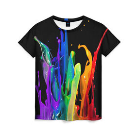 Женская футболка 3D с принтом Краски в Екатеринбурге, 100% полиэфир ( синтетическое хлопкоподобное полотно) | прямой крой, круглый вырез горловины, длина до линии бедер | background | black | bright | paint | rainbow | spectrum | splash | spray | брызги | всплеск | краски | радуга | спектр | фон | черный | яркие