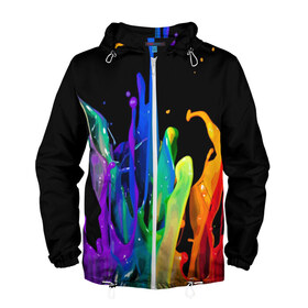 Мужская ветровка 3D с принтом Краски в Екатеринбурге, 100% полиэстер | подол и капюшон оформлены резинкой с фиксаторами, два кармана без застежек по бокам, один потайной карман на груди | Тематика изображения на принте: background | black | bright | paint | rainbow | spectrum | splash | spray | брызги | всплеск | краски | радуга | спектр | фон | черный | яркие