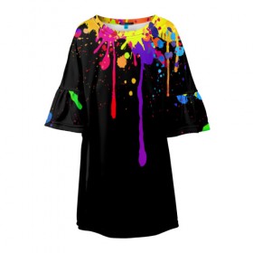 Детское платье 3D с принтом Краски в Екатеринбурге, 100% полиэстер | прямой силуэт, чуть расширенный к низу. Круглая горловина, на рукавах — воланы | Тематика изображения на принте: брызги | капли | кляксы | краски | спектр | яркие