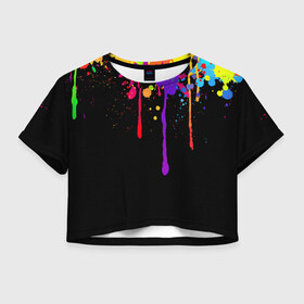 Женская футболка 3D укороченная с принтом Краски в Екатеринбурге, 100% полиэстер | круглая горловина, длина футболки до линии талии, рукава с отворотами | брызги | капли | кляксы | краски | спектр | яркие