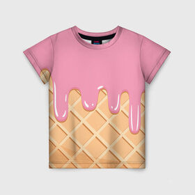 Детская футболка 3D с принтом Я Клубничный Рожок в Екатеринбурге, 100% гипоаллергенный полиэфир | прямой крой, круглый вырез горловины, длина до линии бедер, чуть спущенное плечо, ткань немного тянется | ваниль | вафля | вкус | вкусно | вкусняшка | десерт | жара | капли | клубника | лед | лето | молоко | мороженка | мороженое | пломбир | принт | рожок | сладость | шоколад | эскимо