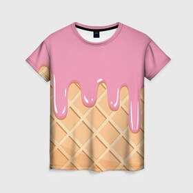 Женская футболка 3D с принтом Я Клубничный Рожок в Екатеринбурге, 100% полиэфир ( синтетическое хлопкоподобное полотно) | прямой крой, круглый вырез горловины, длина до линии бедер | ваниль | вафля | вкус | вкусно | вкусняшка | десерт | жара | капли | клубника | лед | лето | молоко | мороженка | мороженое | пломбир | принт | рожок | сладость | шоколад | эскимо