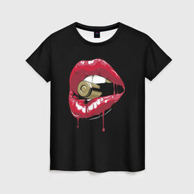 Женская футболка 3D с принтом Пуля в зубах в Екатеринбурге, 100% полиэфир ( синтетическое хлопкоподобное полотно) | прямой крой, круглый вырез горловины, длина до линии бедер | губы | золотой зуб | краска | красная помада | красный | пуля
