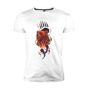 Мужская футболка премиум с принтом Медведь Тотем в Екатеринбурге, 92% хлопок, 8% лайкра | приталенный силуэт, круглый вырез ворота, длина до линии бедра, короткий рукав | бусы | индейский | след | тотемное животное