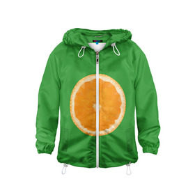 Детская ветровка 3D с принтом Низкополигональный апельсин в Екатеринбурге, 100% полиэстер | подол и капюшон оформлены резинкой с фиксаторами, по бокам два кармана без застежек, один потайной карман на груди | lowpoly | polygonal | апельсин | зеленый | оранджевый | полигон | полигональный | полигоны | яркий