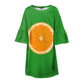 Детское платье 3D с принтом Низкополигональный апельсин в Екатеринбурге, 100% полиэстер | прямой силуэт, чуть расширенный к низу. Круглая горловина, на рукавах — воланы | Тематика изображения на принте: lowpoly | polygonal | апельсин | зеленый | оранджевый | полигон | полигональный | полигоны | яркий