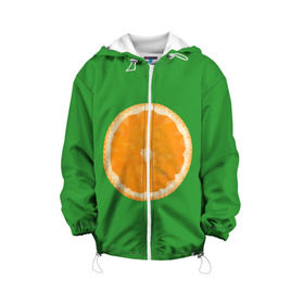 Детская куртка 3D с принтом Низкополигональный апельсин в Екатеринбурге, 100% полиэстер | застежка — молния, подол и капюшон оформлены резинкой с фиксаторами, по бокам — два кармана без застежек, один потайной карман на груди, плотность верхнего слоя — 90 г/м2; плотность флисового подклада — 260 г/м2 | Тематика изображения на принте: lowpoly | polygonal | апельсин | зеленый | оранджевый | полигон | полигональный | полигоны | яркий