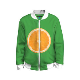 Детский бомбер 3D с принтом Низкополигональный апельсин в Екатеринбурге, 100% полиэстер | застегивается на молнию, по бокам два кармана без застежек, мягкие манжеты, по низу бомбера и на воротнике — эластичная резинка | Тематика изображения на принте: lowpoly | polygonal | апельсин | зеленый | оранджевый | полигон | полигональный | полигоны | яркий