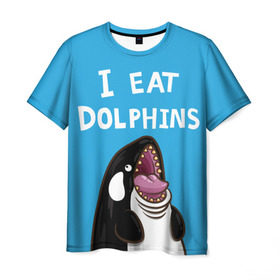 Мужская футболка 3D с принтом Я ем дельфинов в Екатеринбурге, 100% полиэфир | прямой крой, круглый вырез горловины, длина до линии бедер | дельфины | касатка