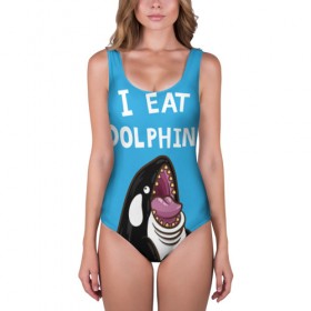 Купальник-боди 3D с принтом Я ем дельфинов в Екатеринбурге, 82% полиэстер, 18% эластан | Круглая горловина, круглый вырез на спине | дельфины | касатка