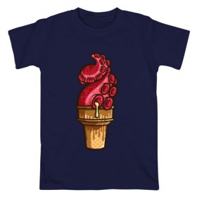 Мужская футболка хлопок с принтом Мороженко в Екатеринбурге, 100% хлопок | прямой крой, круглый вырез горловины, длина до линии бедер, слегка спущенное плечо. | мороженое | осьминог | рожок | тентакли
