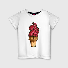 Детская футболка хлопок с принтом Мороженко в Екатеринбурге, 100% хлопок | круглый вырез горловины, полуприлегающий силуэт, длина до линии бедер | мороженое | осьминог | рожок | тентакли