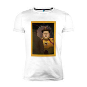 Мужская футболка премиум с принтом Счастливый Ким в Екатеринбурге, 92% хлопок, 8% лайкра | приталенный силуэт, круглый вырез ворота, длина до линии бедра, короткий рукав | ким чен ын | северная корея
