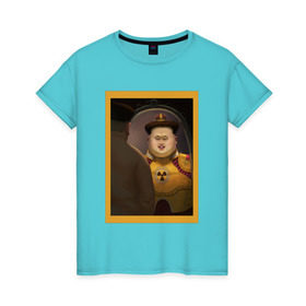 Женская футболка хлопок с принтом Счастливый Ким в Екатеринбурге, 100% хлопок | прямой крой, круглый вырез горловины, длина до линии бедер, слегка спущенное плечо | ким чен ын | северная корея
