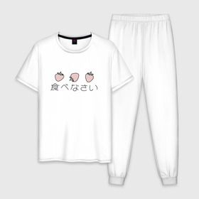 Мужская пижама хлопок с принтом strawberry в Екатеринбурге, 100% хлопок | брюки и футболка прямого кроя, без карманов, на брюках мягкая резинка на поясе и по низу штанин
 | Тематика изображения на принте: japan | strawberry | клубника | япония