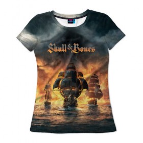 Женская футболка 3D с принтом Skull and Bones в Екатеринбурге, 100% полиэфир ( синтетическое хлопкоподобное полотно) | прямой крой, круглый вырез горловины, длина до линии бедер | игра | корабль | кости | море | огонь | пират | пламя | череп