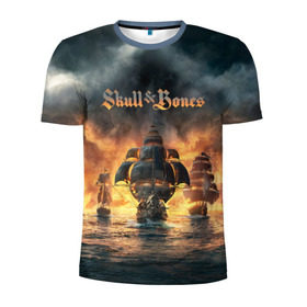 Мужская футболка 3D спортивная с принтом Skull and Bones в Екатеринбурге, 100% полиэстер с улучшенными характеристиками | приталенный силуэт, круглая горловина, широкие плечи, сужается к линии бедра | игра | корабль | кости | море | огонь | пират | пламя | череп