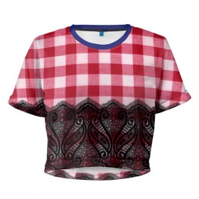 Женская футболка 3D укороченная с принтом Клетка и кружево в Екатеринбурге, 100% полиэстер | круглая горловина, длина футболки до линии талии, рукава с отворотами | 