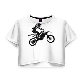 Женская футболка 3D укороченная с принтом Мотокросс в Екатеринбурге, 100% полиэстер | круглая горловина, длина футболки до линии талии, рукава с отворотами | motocross | motorcycle | motorcyclist | silhouette | speed | stencil | мотокросс | мотоцикл | мотоциклист | силуэт | скорость | трафарет