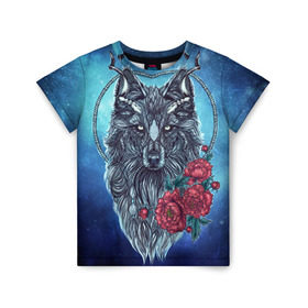 Детская футболка 3D с принтом Волк с цветами в Екатеринбурге, 100% гипоаллергенный полиэфир | прямой крой, круглый вырез горловины, длина до линии бедер, чуть спущенное плечо, ткань немного тянется | арт | волк | космос | пионы | цветы