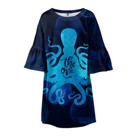 Детское платье 3D с принтом крутой осьминог в Екатеринбурге, 100% полиэстер | прямой силуэт, чуть расширенный к низу. Круглая горловина, на рукавах — воланы | Тематика изображения на принте: вода | море | океан | осьминог | подводный мир | рыбы