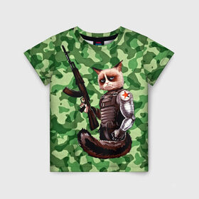 Детская футболка 3D с принтом Воинственный кот в Екатеринбурге, 100% гипоаллергенный полиэфир | прямой крой, круглый вырез горловины, длина до линии бедер, чуть спущенное плечо, ткань немного тянется | Тематика изображения на принте: армия | арт | воин | животные | камуфляж | оружие