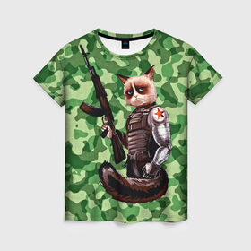 Женская футболка 3D с принтом Воинственный кот в Екатеринбурге, 100% полиэфир ( синтетическое хлопкоподобное полотно) | прямой крой, круглый вырез горловины, длина до линии бедер | армия | арт | воин | животные | камуфляж | оружие