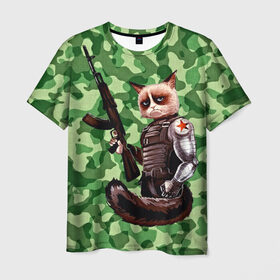 Мужская футболка 3D с принтом Воинственный кот в Екатеринбурге, 100% полиэфир | прямой крой, круглый вырез горловины, длина до линии бедер | армия | арт | воин | животные | камуфляж | оружие