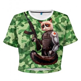 Женская футболка 3D укороченная с принтом Воинственный кот в Екатеринбурге, 100% полиэстер | круглая горловина, длина футболки до линии талии, рукава с отворотами | армия | арт | воин | животные | камуфляж | оружие