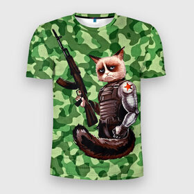 Мужская футболка 3D спортивная с принтом Воинственный кот в Екатеринбурге, 100% полиэстер с улучшенными характеристиками | приталенный силуэт, круглая горловина, широкие плечи, сужается к линии бедра | армия | арт | воин | животные | камуфляж | оружие