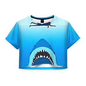 Женская футболка 3D укороченная с принтом Акула в Екатеринбурге, 100% полиэстер | круглая горловина, длина футболки до линии талии, рукава с отворотами | 3d | акула | арт | животные | море | плавание | природа | рыбы | спорт | хищники
