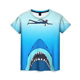 Женская футболка 3D с принтом Акула в Екатеринбурге, 100% полиэфир ( синтетическое хлопкоподобное полотно) | прямой крой, круглый вырез горловины, длина до линии бедер | 3d | акула | арт | животные | море | плавание | природа | рыбы | спорт | хищники