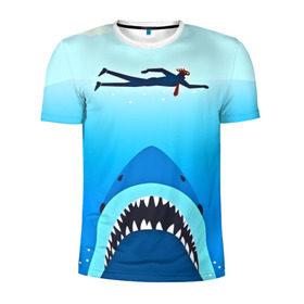 Мужская футболка 3D спортивная с принтом Акула в Екатеринбурге, 100% полиэстер с улучшенными характеристиками | приталенный силуэт, круглая горловина, широкие плечи, сужается к линии бедра | Тематика изображения на принте: 3d | акула | арт | животные | море | плавание | природа | рыбы | спорт | хищники