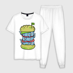 Мужская пижама хлопок с принтом drop dead в Екатеринбурге, 100% хлопок | брюки и футболка прямого кроя, без карманов, на брюках мягкая резинка на поясе и по низу штанин
 | burger | cat | citty | hamburger | бургер | гамбургер | кот | кошка
