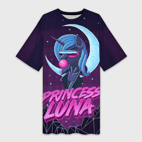 Платье-футболка 3D с принтом Retrowave Luna в Екатеринбурге,  |  | 8 bit | 8 бит | alicorn | luna | moon | mountain | my little pony | pixel | pony | princess luna | retrowave | synthwave | unicorn | горы | луна | пиксель арт | пони | ретровейв